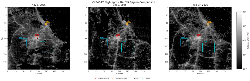 ภาพถ่ายดาวเทียมของแสงไฟในจังหวัดสงขลาในช่วงก่อนและหลังน้ำท่วม